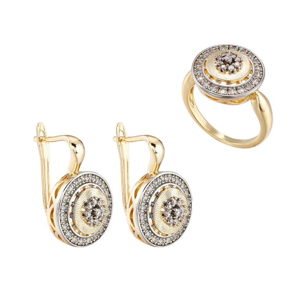 Ensemble de boucles d'oreilles bicolores, design disque rétro, bague plaquée cuivre, or 14 carats, l