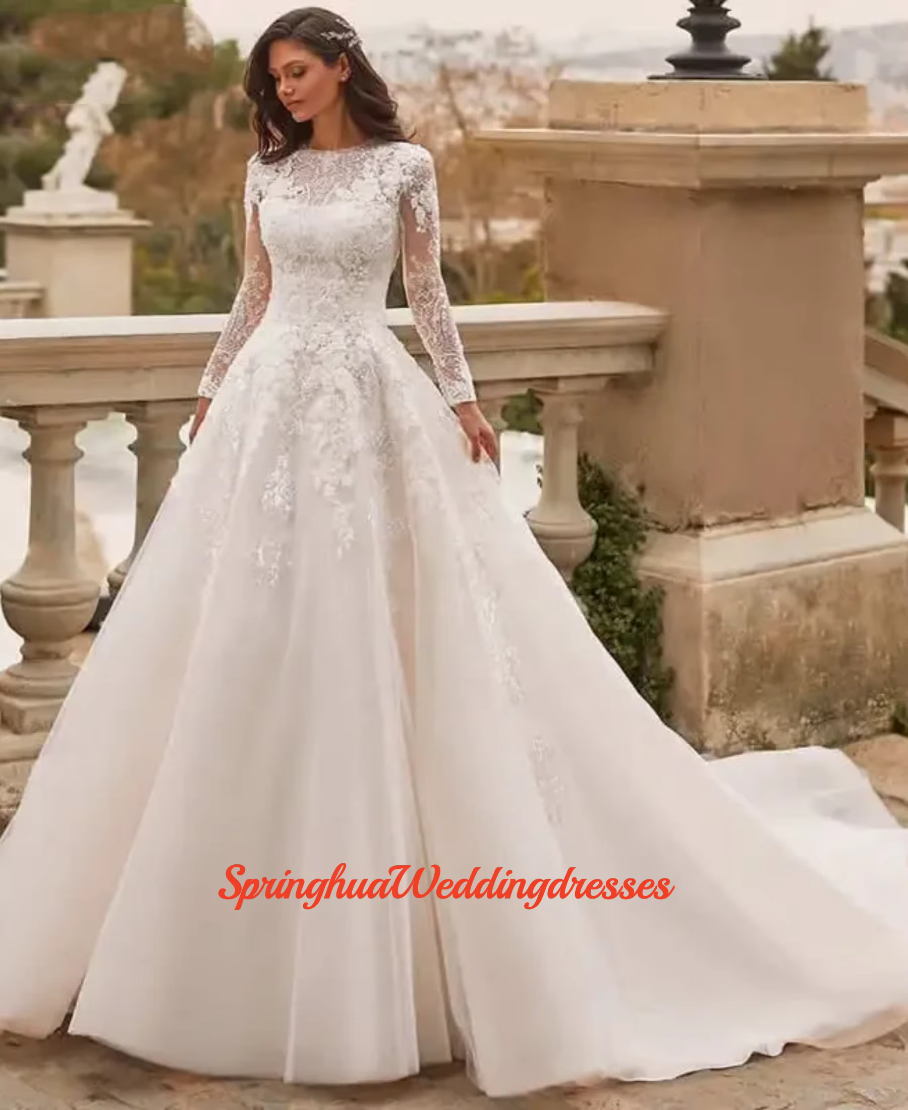 Robe de mariée modeste personnalisée à manches longues, col rond, avec appliques en dentelle, longue