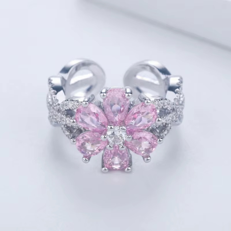 Bague en or avec fleur rose pour femmes, bijoux ajustables en Zircon brillant, cadeau pour femme, pe