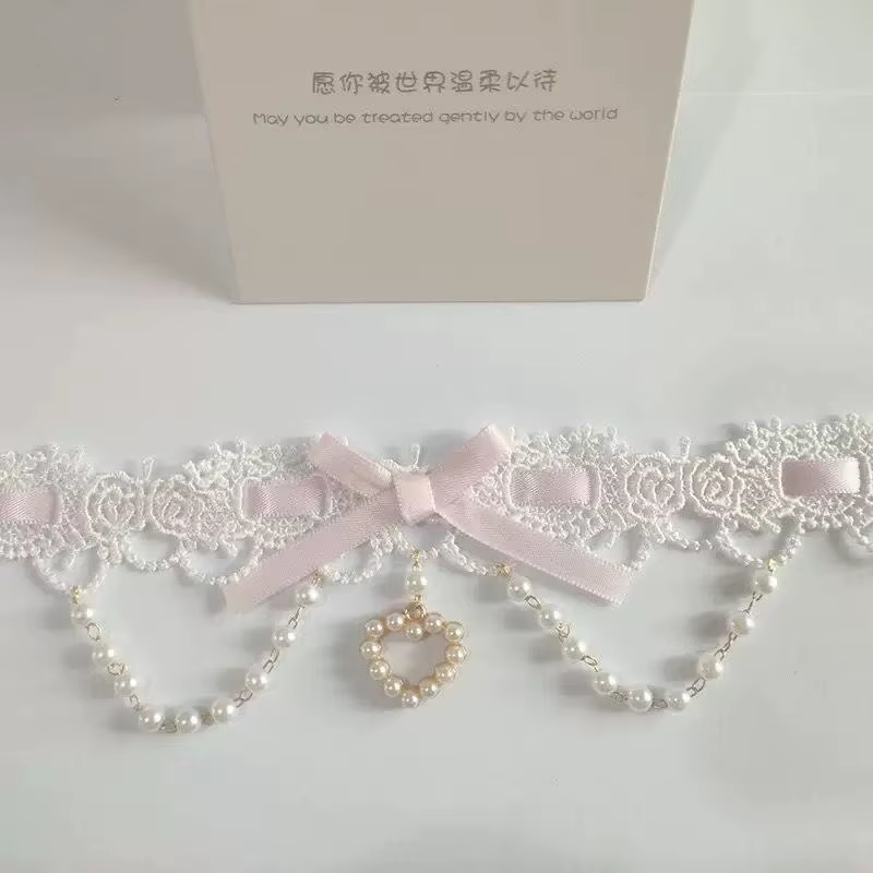 Collier en dentelle perlée Sweet Lolita Y2K avec ruban pour femme, breloque nœud papillon, ras-de-co