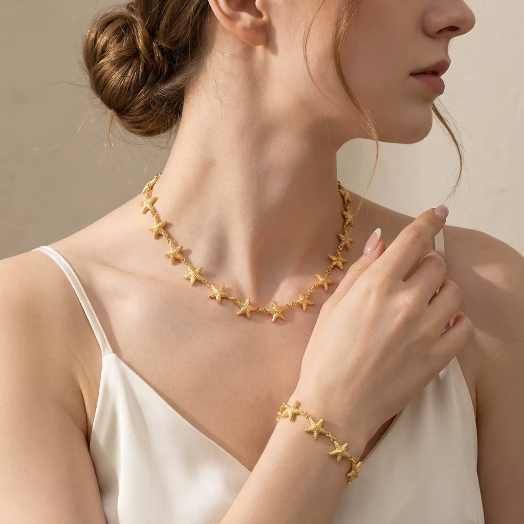 Ensemble collier et bracelet étoile de mer doré style bohème pour femme, thème plage et océan, bijou
