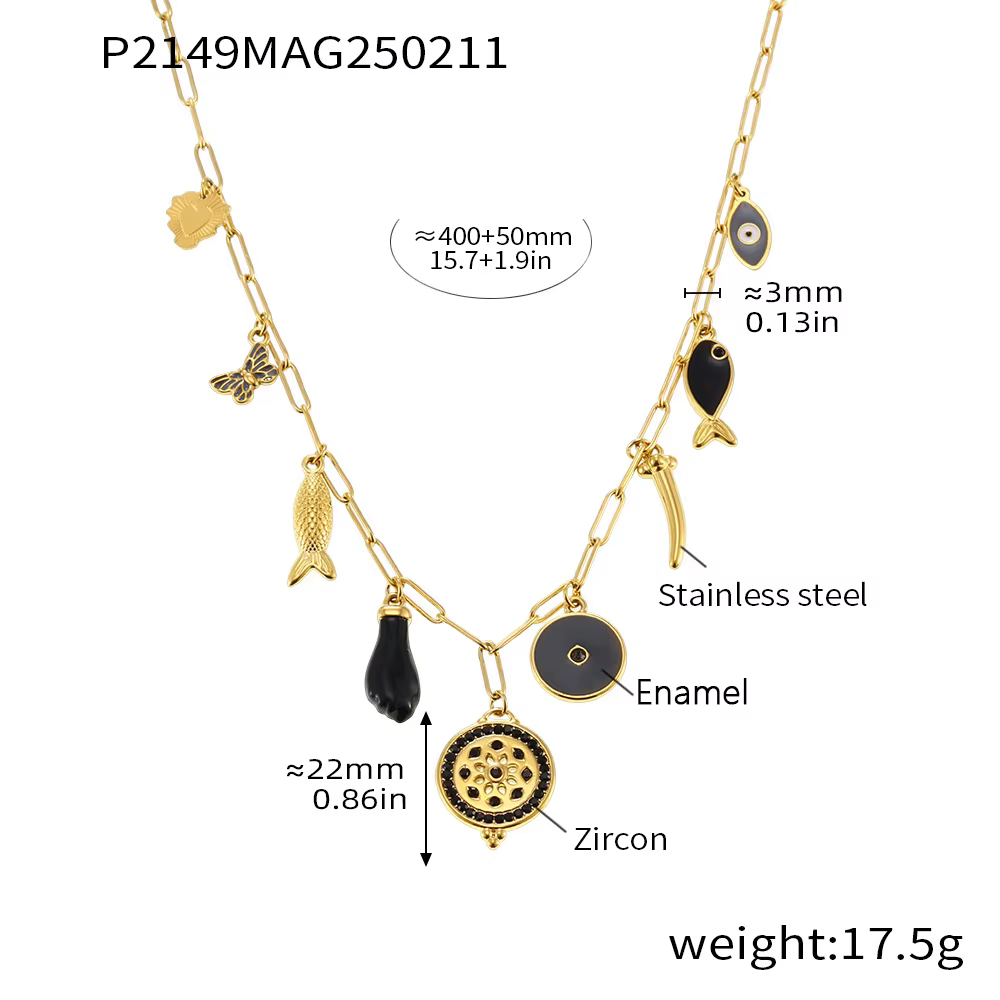 Collier chaînes en acier inoxydable pour femmes, plaqué or 18 carats, avec breloques multiples diffé