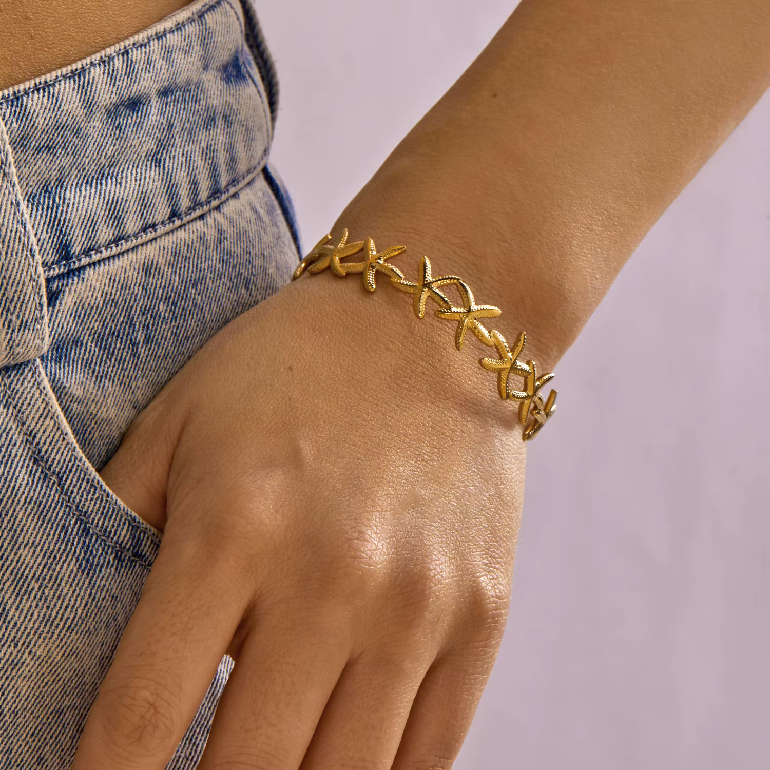 Bracelet manchette en acier inoxydable pour femme, motif étoile de mer délicate, coquillage minimali