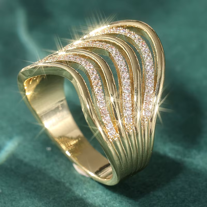 Bague pour femme en or avec incrustations de zircone cubique blanche, design géométrique tendance, p