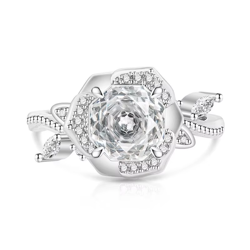 Bague en argent sterling 925 avec diamant à taille rose en carbone élevé, design en forme de rose, b
