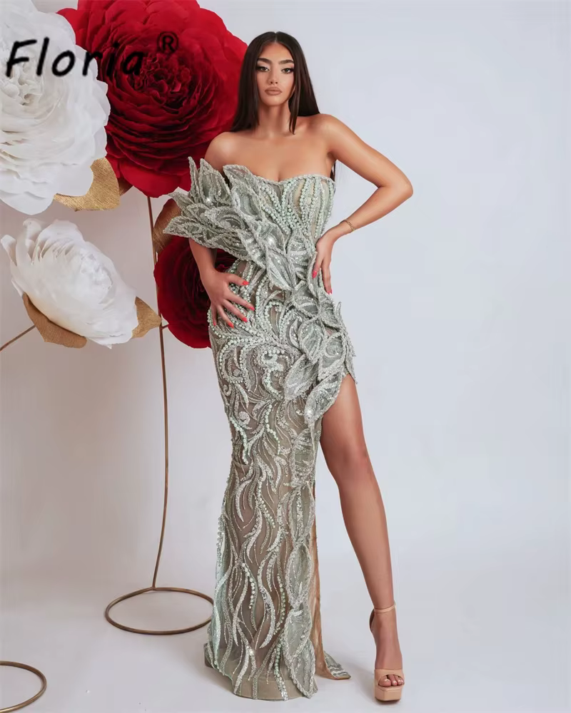 Robe de mariée de luxe vert menthe pâle, ornée de perles et d'appliques de feuilles 3D, robes de soi