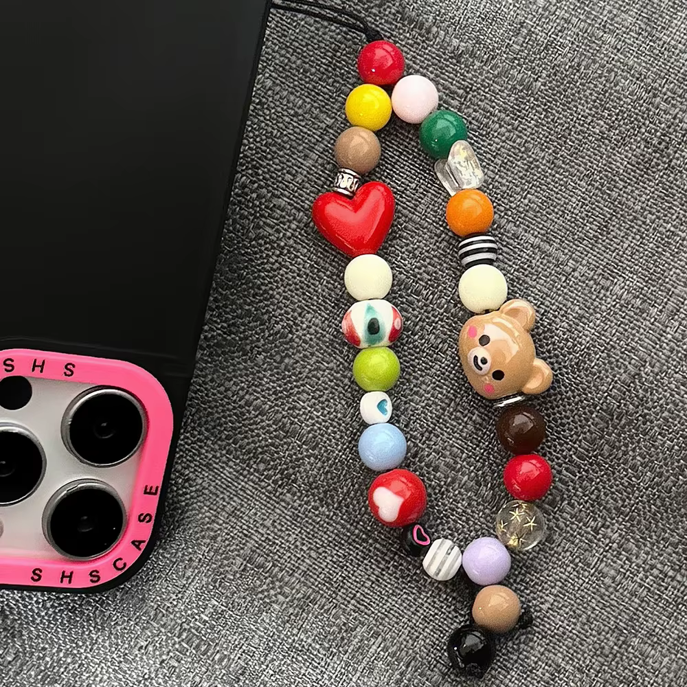 Coeur de téléphone en perles colorées, ours mignon, chaîne de porte-clés pour iPhone, sac d'appareil