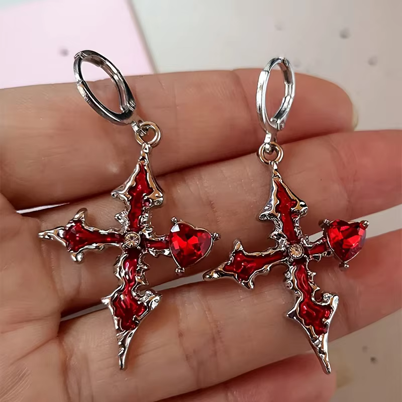 Boucles d'oreilles gothiques en forme de croix rouge pour femmes et hommes, Halloween Street Punk Hi