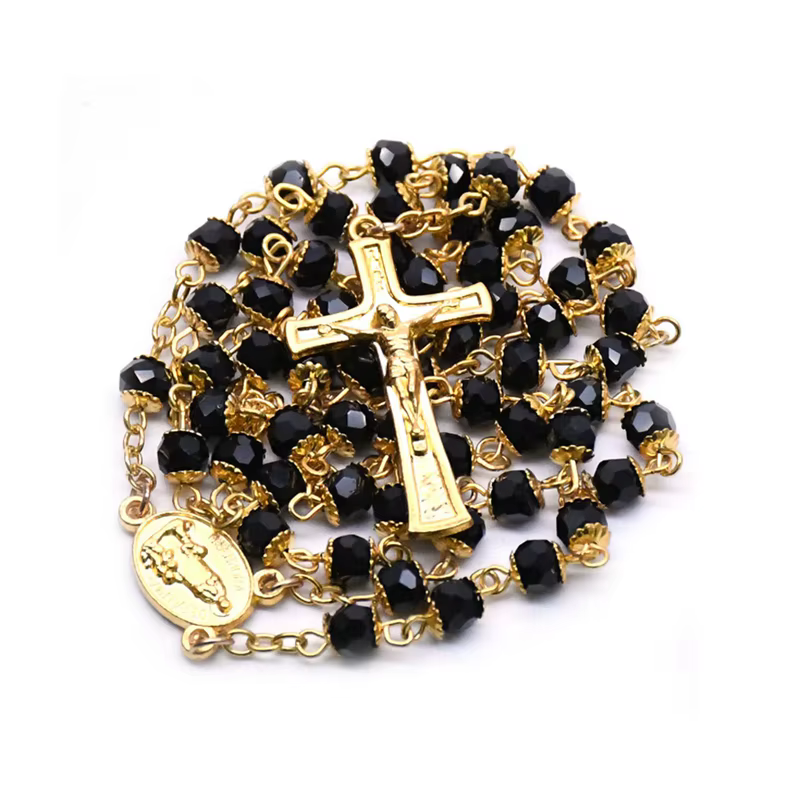 Bijoux catholiques en verre noir, perles de cristal, pendentif croix de Fatima, collier chapelet pou