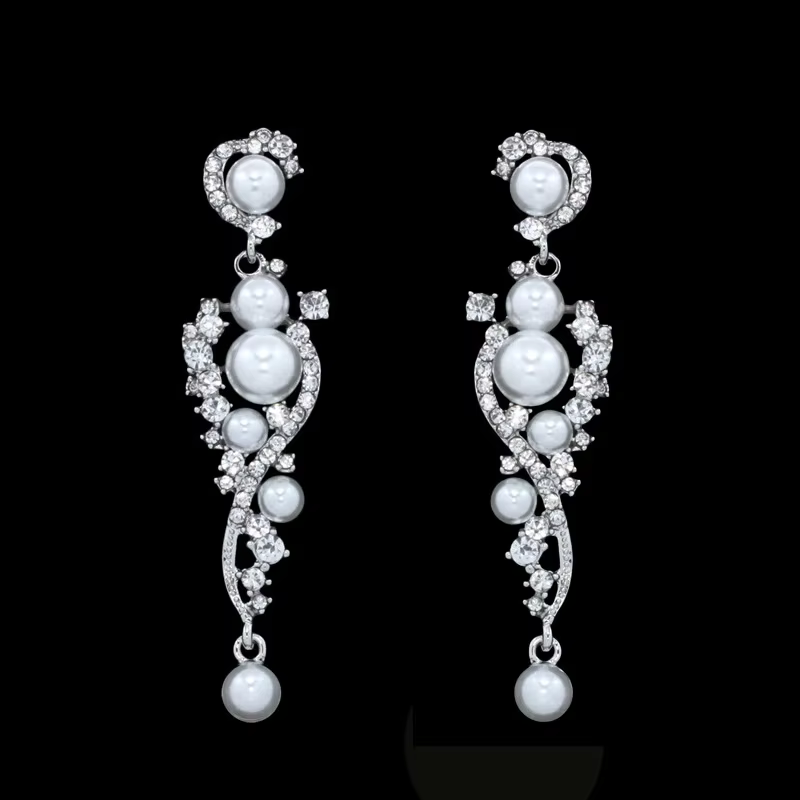 BLIJERY – boucles d'oreilles longues élégantes en perles simulées, couleur argent, cristal, motif fl