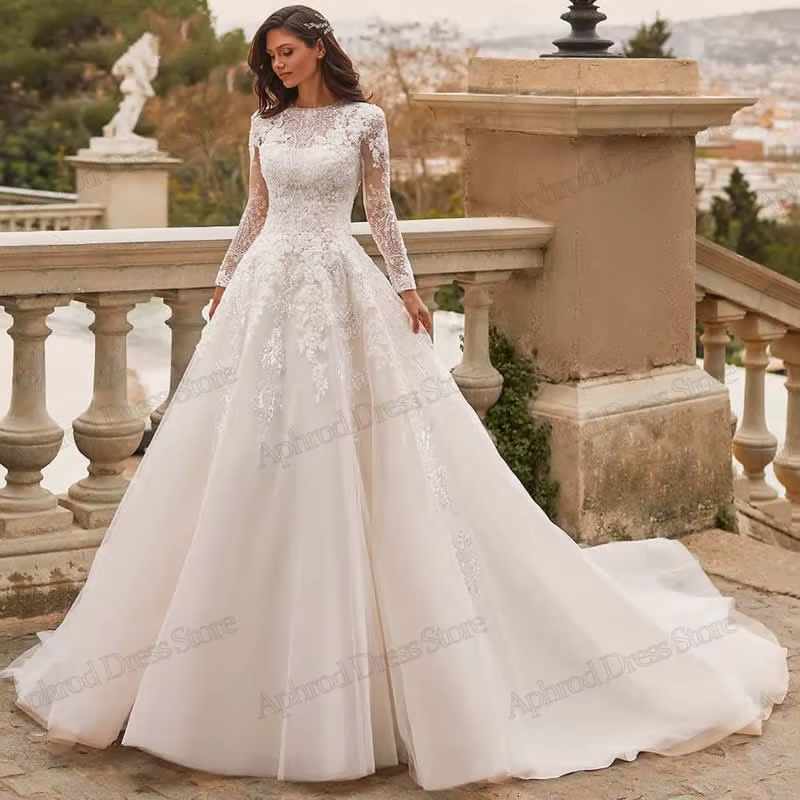 Robes de mariée modestes à manches longues et col rond, robes de longueur au sol avec appliques en d