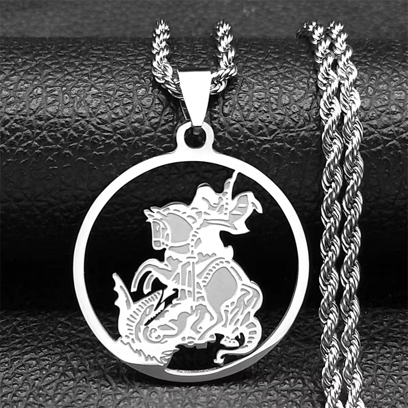 Collier pendentif Saint George PROTECT US pour femmes et hommes, collier rond en acier inoxydable, b
