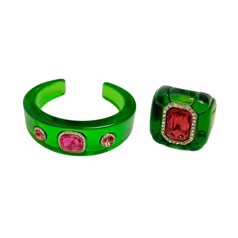 Parures de bijoux de luxe, bracelets épais en résine, bagues, bracelets ouverts exagérés, ensemble c