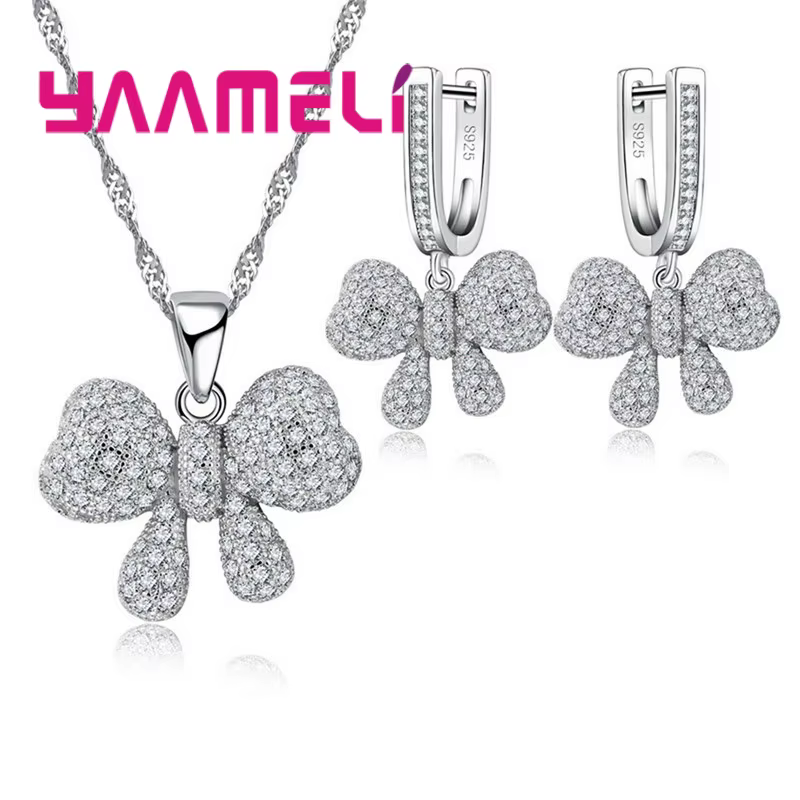 Ensemble de bijoux en argent regardé 925 avec nœud papillon en cristal pour femmes, boucles d'oreill