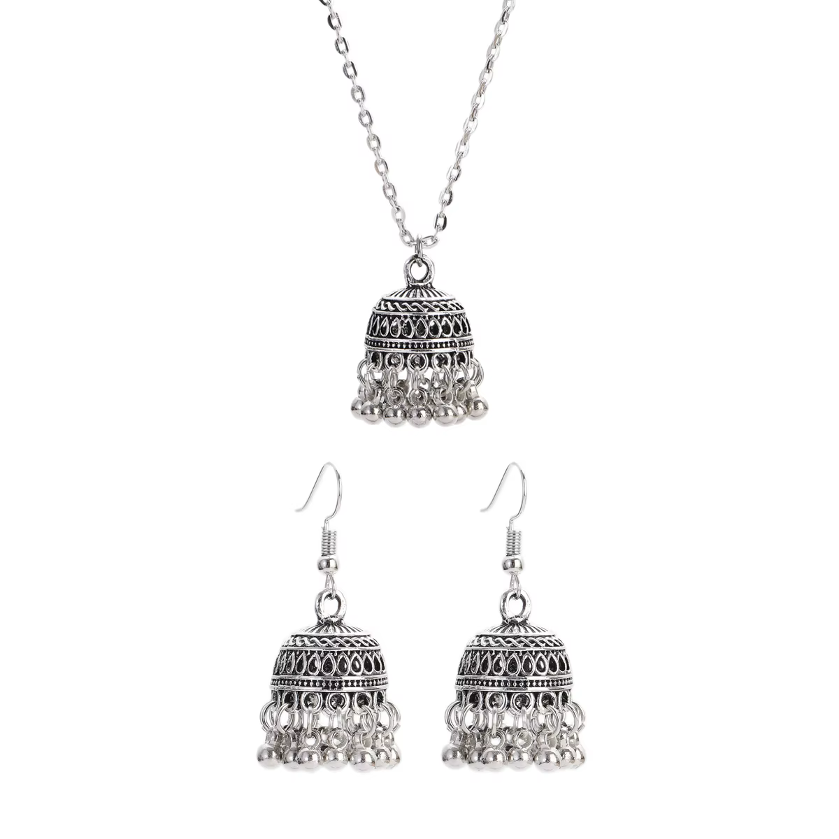 Ensemble de bijoux de mariage ethnique indien pour mariée, couleur argent, cloches sculptées, collie