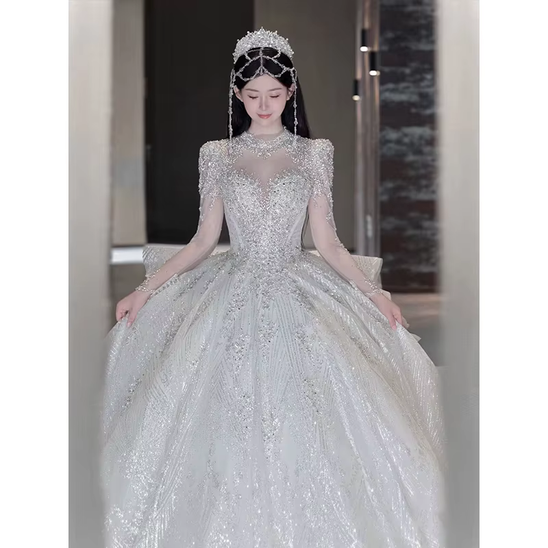 Robe de mariée légère française, manches longues, luxe, fil principal rétro, Texture haut de gamme, 