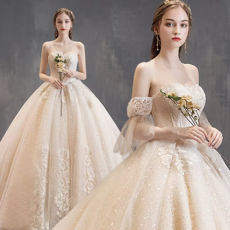 Robe de mariée française à épaules dénudées, manches détachables, élégante robe brodée en dentelle C
