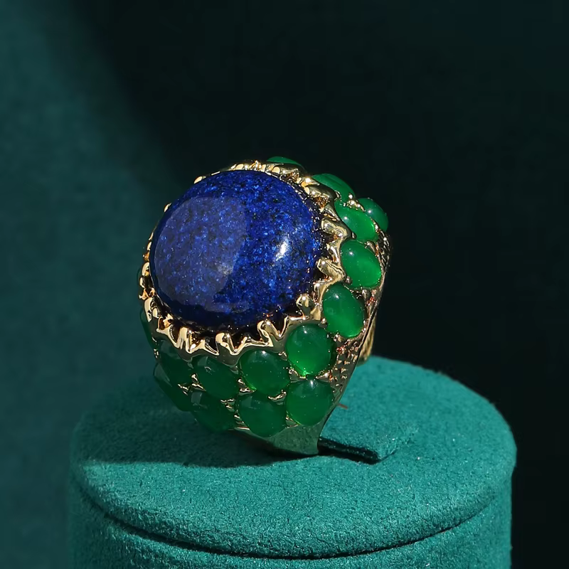 Nouvelles bagues vintage en pierre naturelle de lapis-lazuli, perles de verre vert foncé, bijoux de 