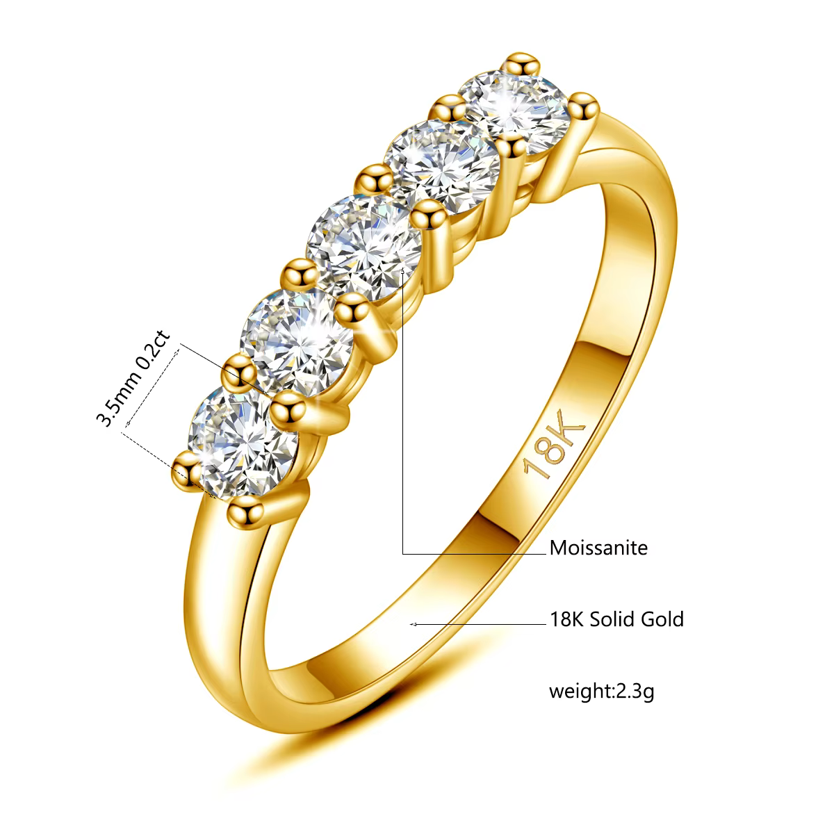 Bague Moissanite en or massif 18K pour femmes, 5 pierres AU 750, bijoux de luxe avec timbre, cadeau