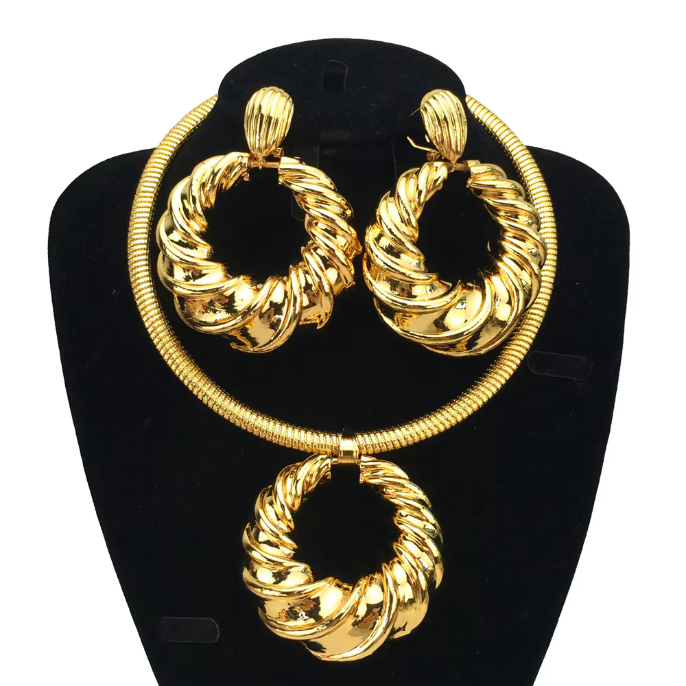 Ensemble de bijoux en or Dubai pour femmes, collier et boucle d'oreille, pendentif tendance, fête de
