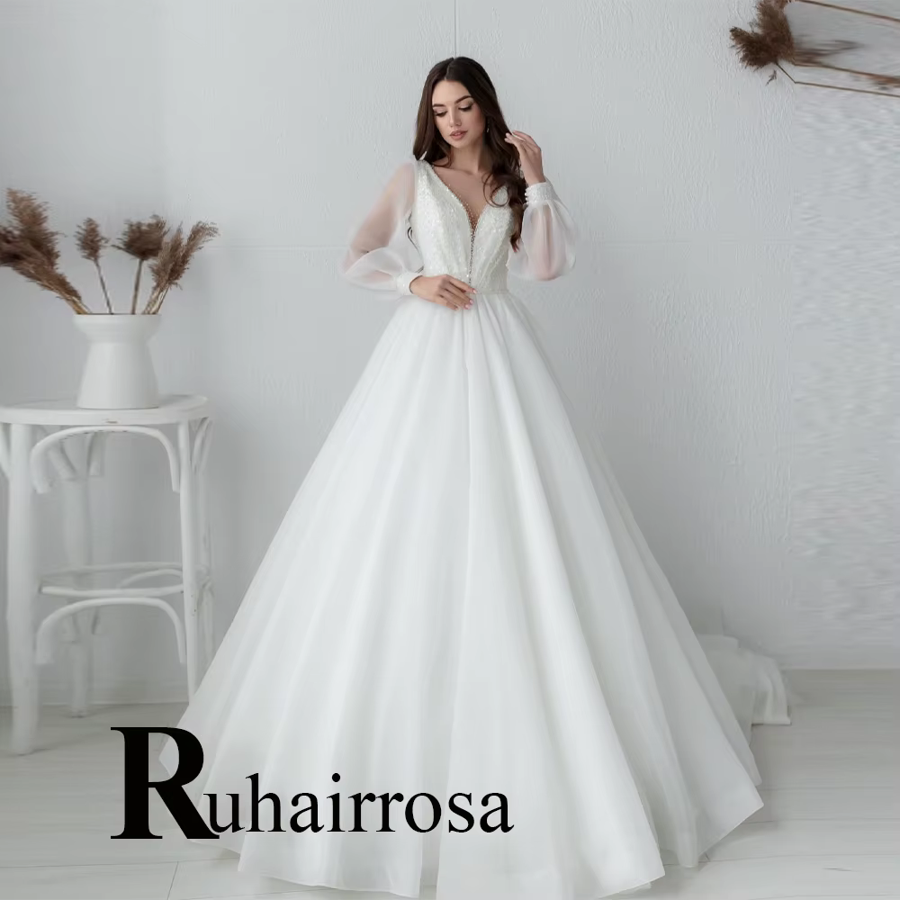 Ruhair charmante Robe De mariée col en v a-ligne dos nu manches bouffantes strass sur mesure Occasio