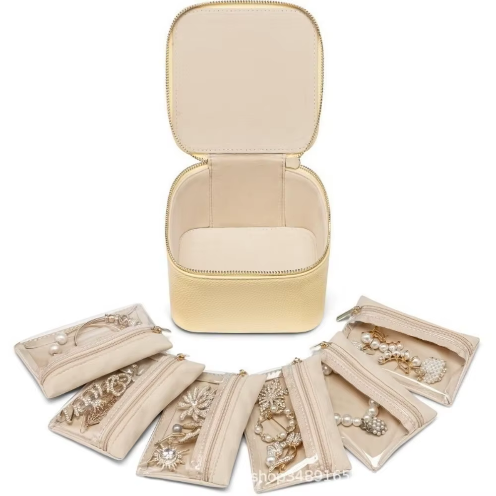 Boîte à bijoux de voyage Portable, étui à bijoux en cuir PU de grande capacité avec 6/12 petites poc
