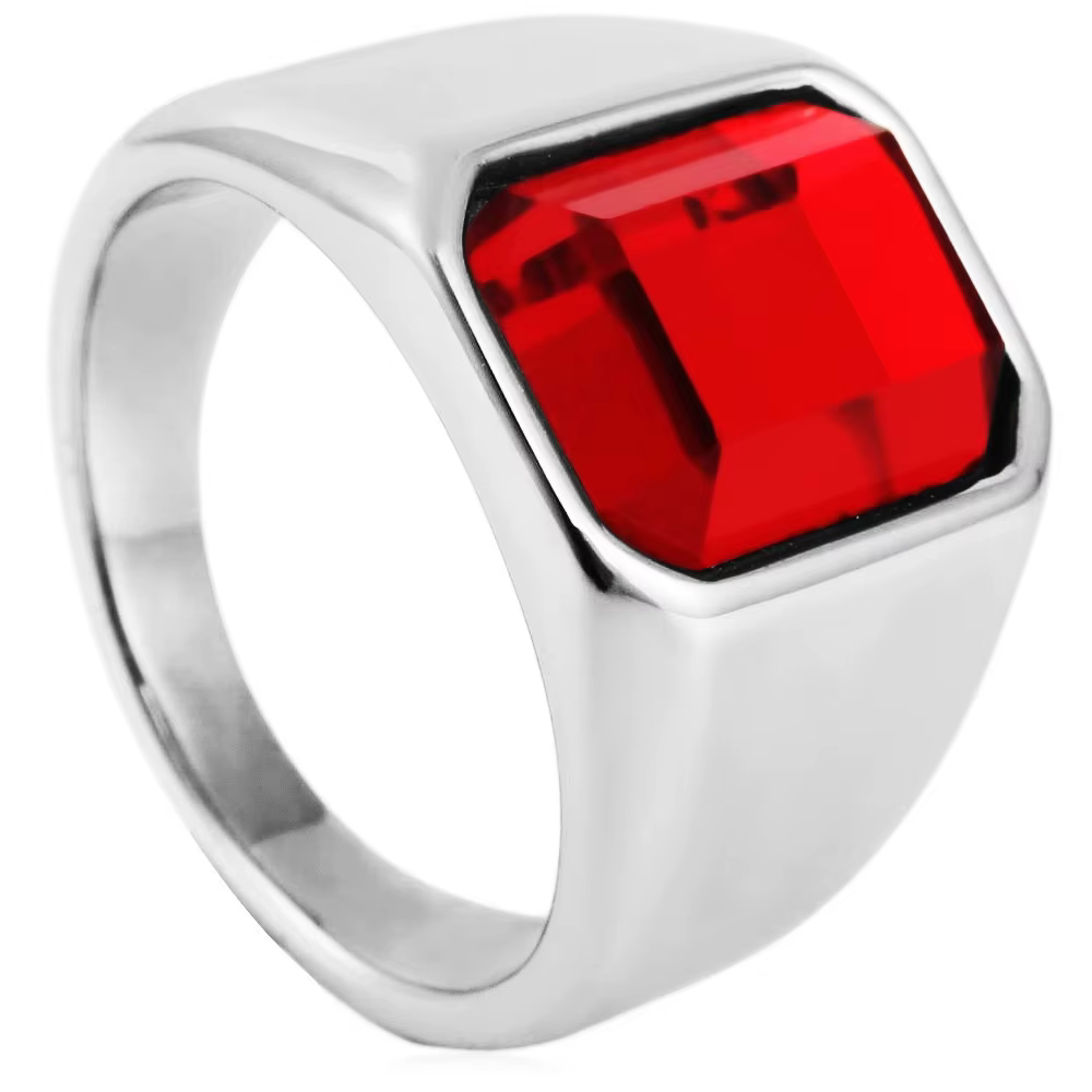 Bague solide en pierre carrée, acier inoxydable 316L, argent, rubis doré, taille 7-13