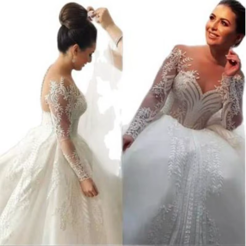 Robe de mariée princesse sexy transparente à décolleté plongeant, manches longues, style robe de bal