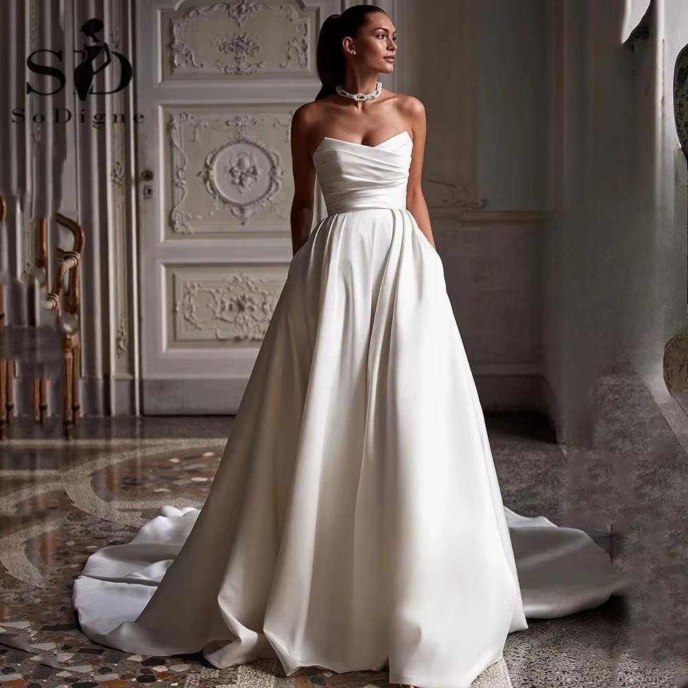 Robe de mariée personnalisée sexy dos nu sans bretelles coupe trapèze pour femme, robe de mariée pli