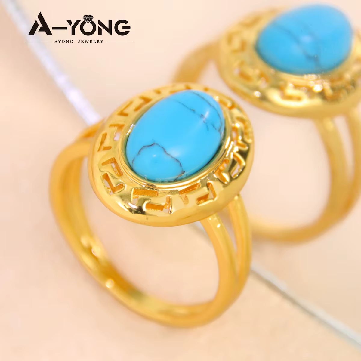 Bague plaquée or turquoise de luxe pour femme, grande bague en or 21 carats, bijoux vintage, Dubaï, 