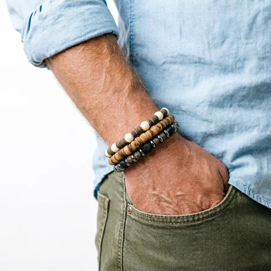 Ensemble de 3 bracelets vintage pour hommes, perles de noix de coco naturelles, bracelet en bois, én