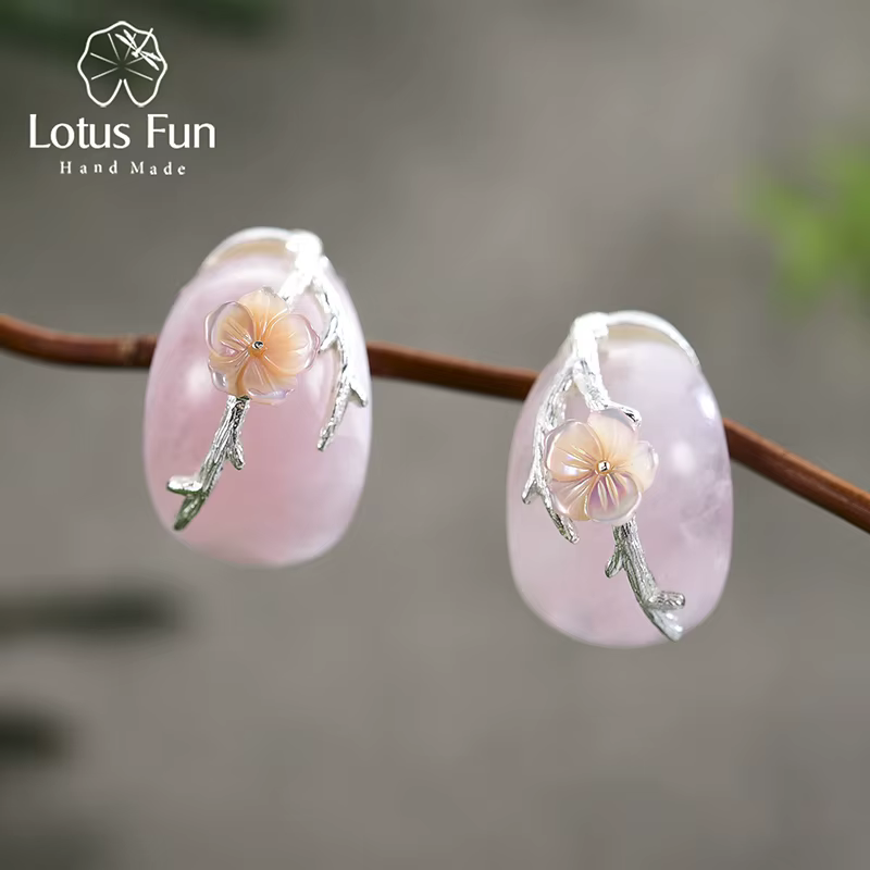 Boucles d'oreilles Lotus Fun en argent Sterling 925, bijoux fins créatifs en cristal rose naturel fa