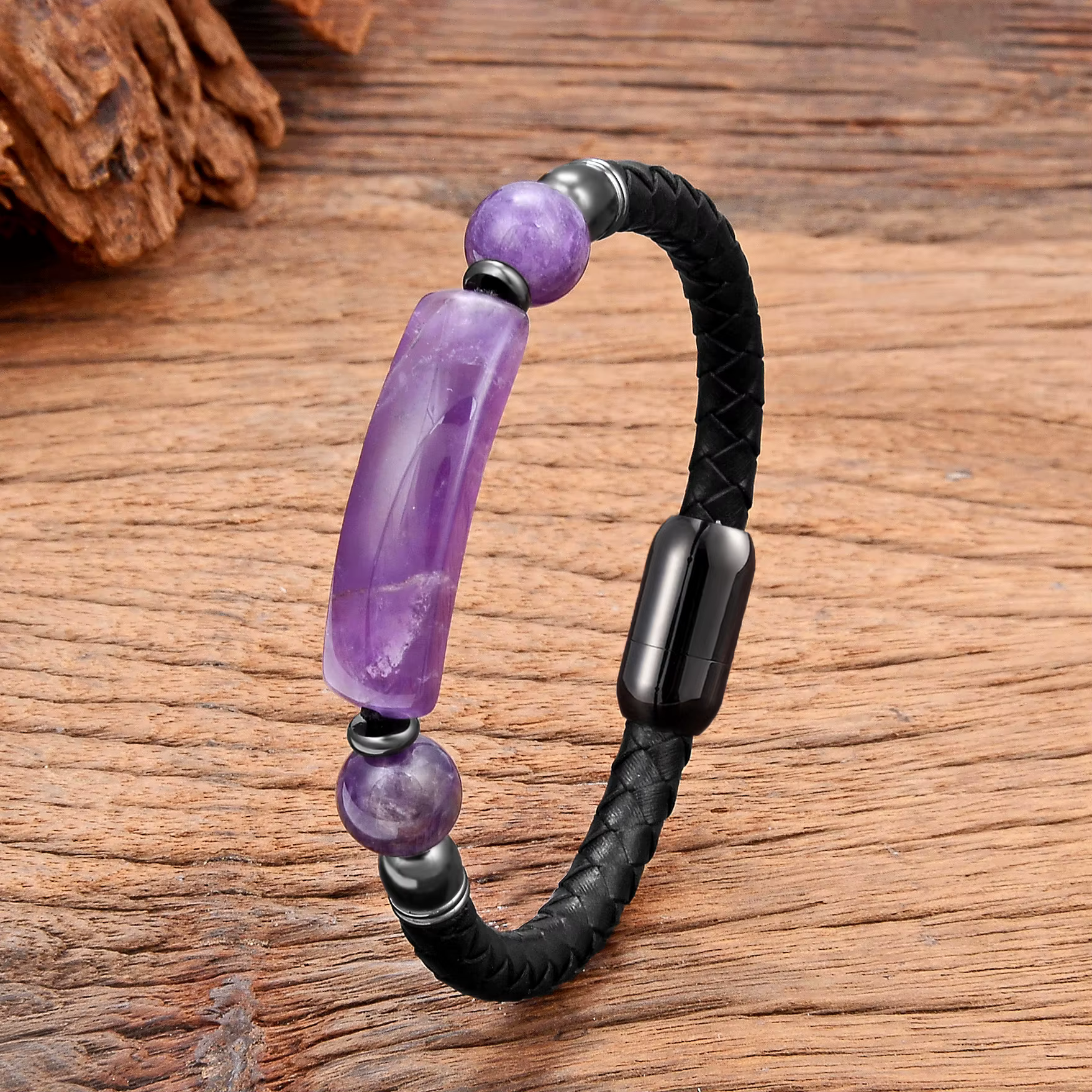 Bracelet en pierre d'améthyste naturelle, cordon en cuir tressé et chaîne énergétique en acier inoxy