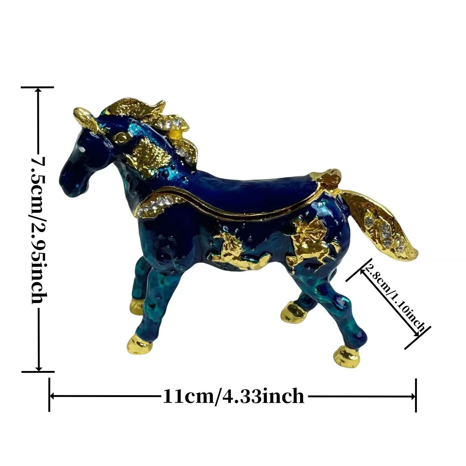 Boîte à bijoux en alliage de cheval 4,33 pouces, artisanat couleur émail, bijoux incrustés de diaman
