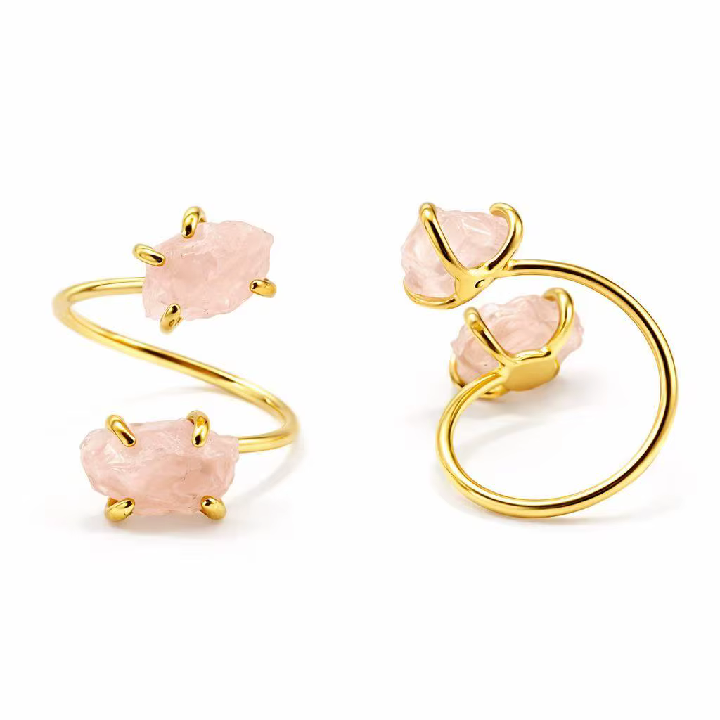 Bague ouverte en pierre brute de quartz rose irrégulière, ajustable, couleur or, bagues en cristal n