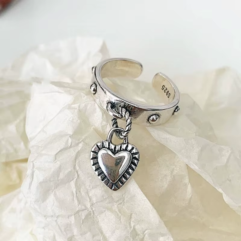 Pendentif coeur en argent sterling 925 ​ Bagues réglables pour femmes, bijoux de luxe de mariage, ve