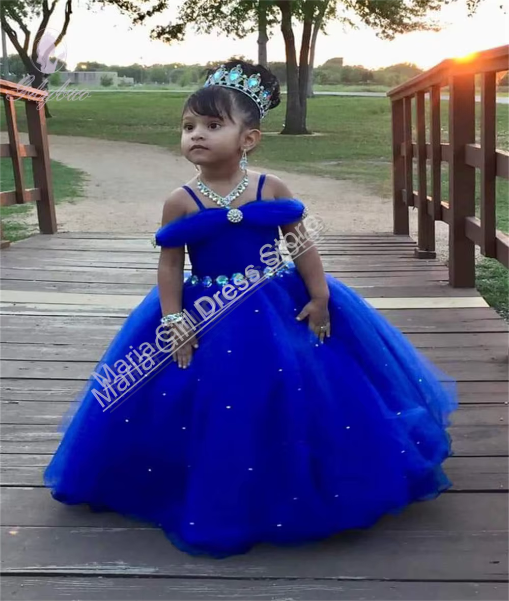Robes de princesse bleu Royal pour filles, en Tulle, élégantes, à fleurs, pour mariage, baptême, évé