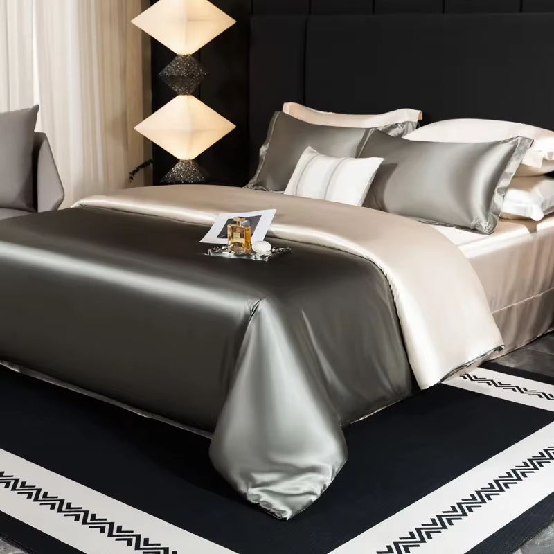 Parure de lit 100% soie naturelle, 4 pièces, avec housse de couette, drap plat, taie d'oreiller, sim