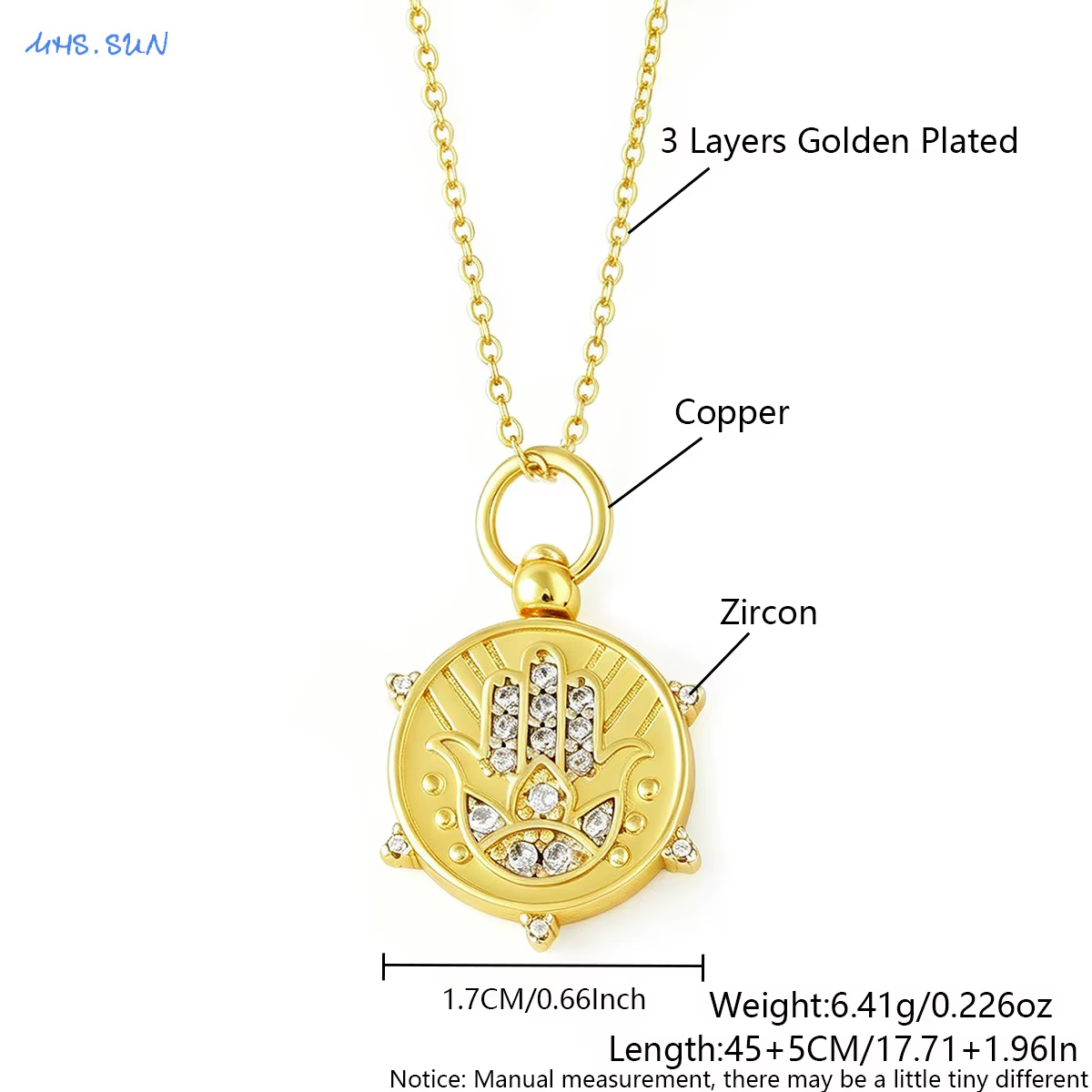 MHS.SUN Colliers pendentifs hip-hop en zircon cubique avec main de Fatima, chaîne ronde double face 