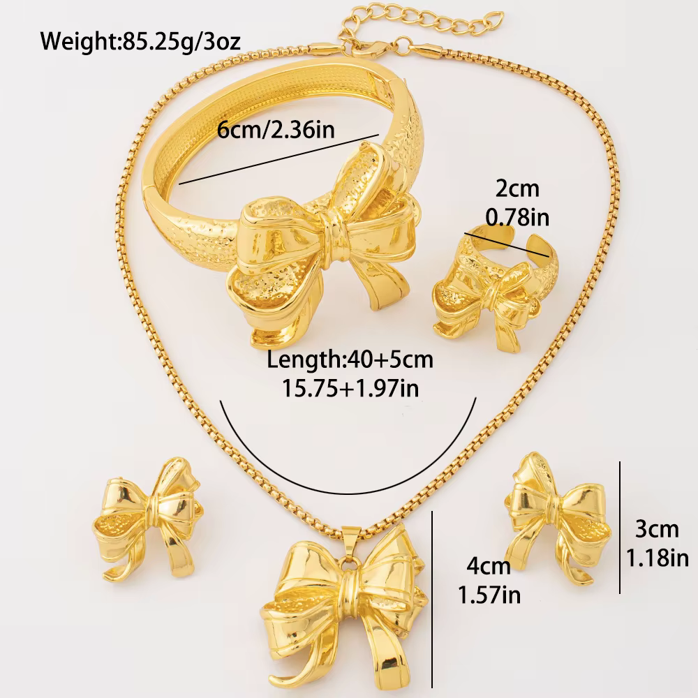 Ensemble de bijoux élégant en or avec nœud papillon, 4 pièces, pour femmes, comprenant collier, bouc