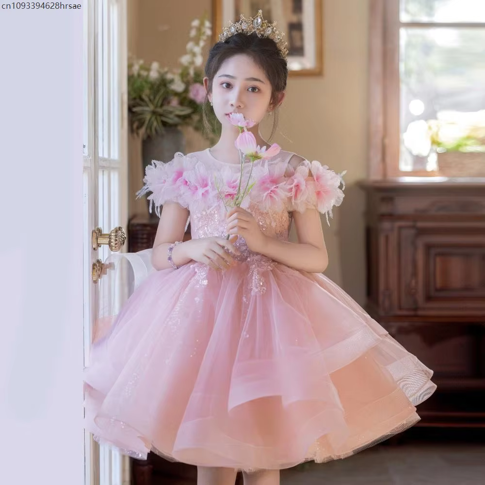 Robe princesse d'anniversaire pour filles, beau Costume de spectacle de Piano, hôtesse rose, tenue d