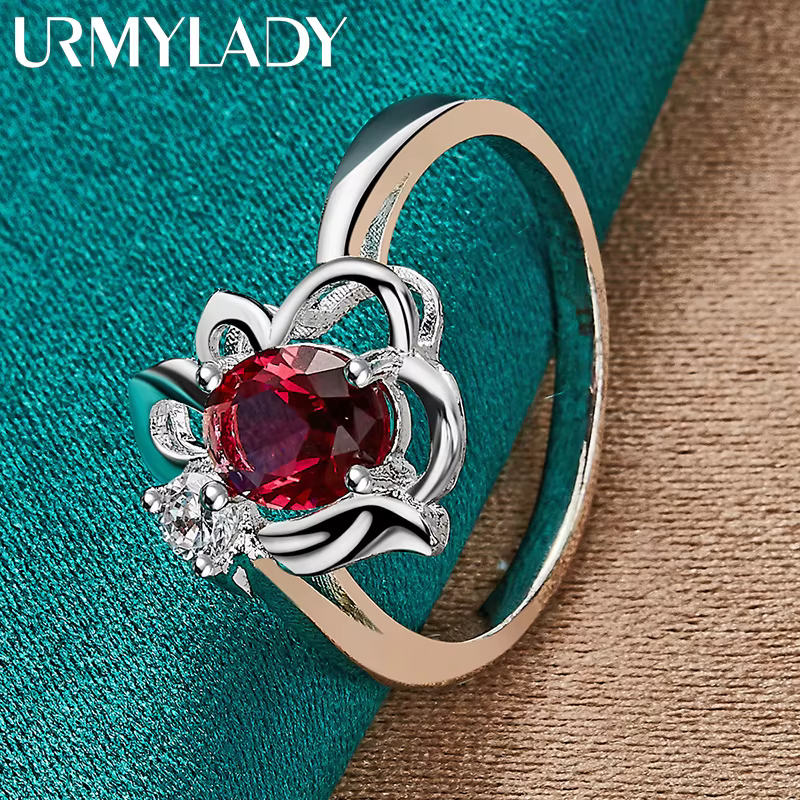 URMYLADY 925 argent Sterling fleur rubis 7-10 #   Bague pour femmes, bijoux de fiançailles, de maria