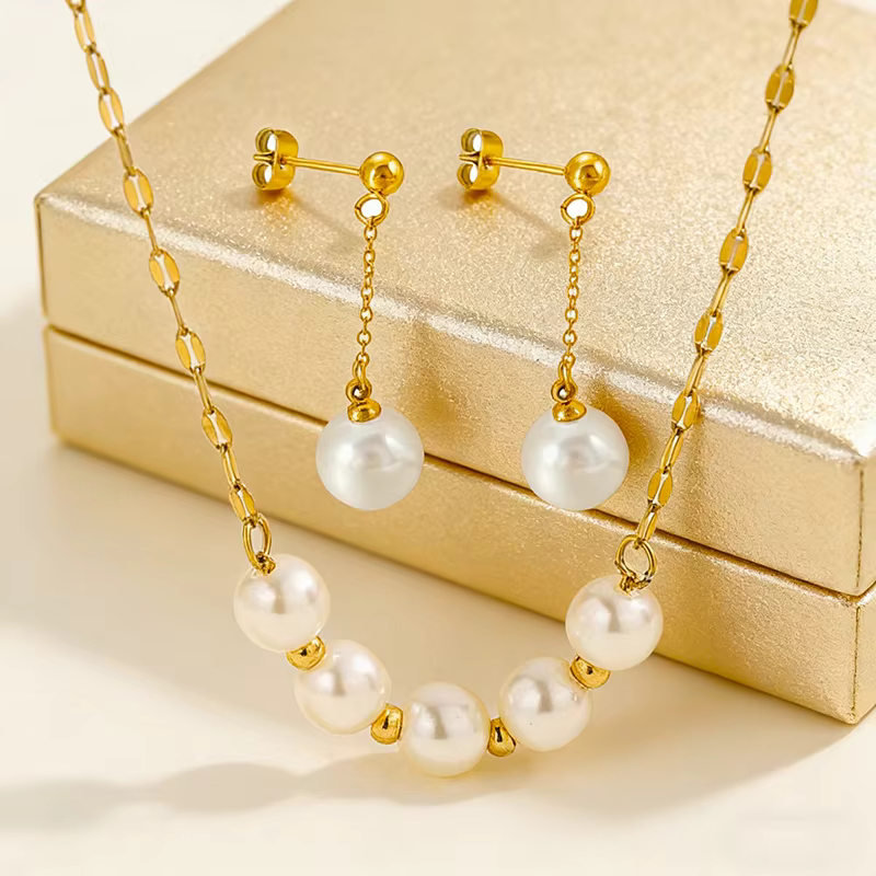 Ensemble de bijoux de luxe 2 pièces en perles, collier et boucles d'oreilles pendantes en acier inox