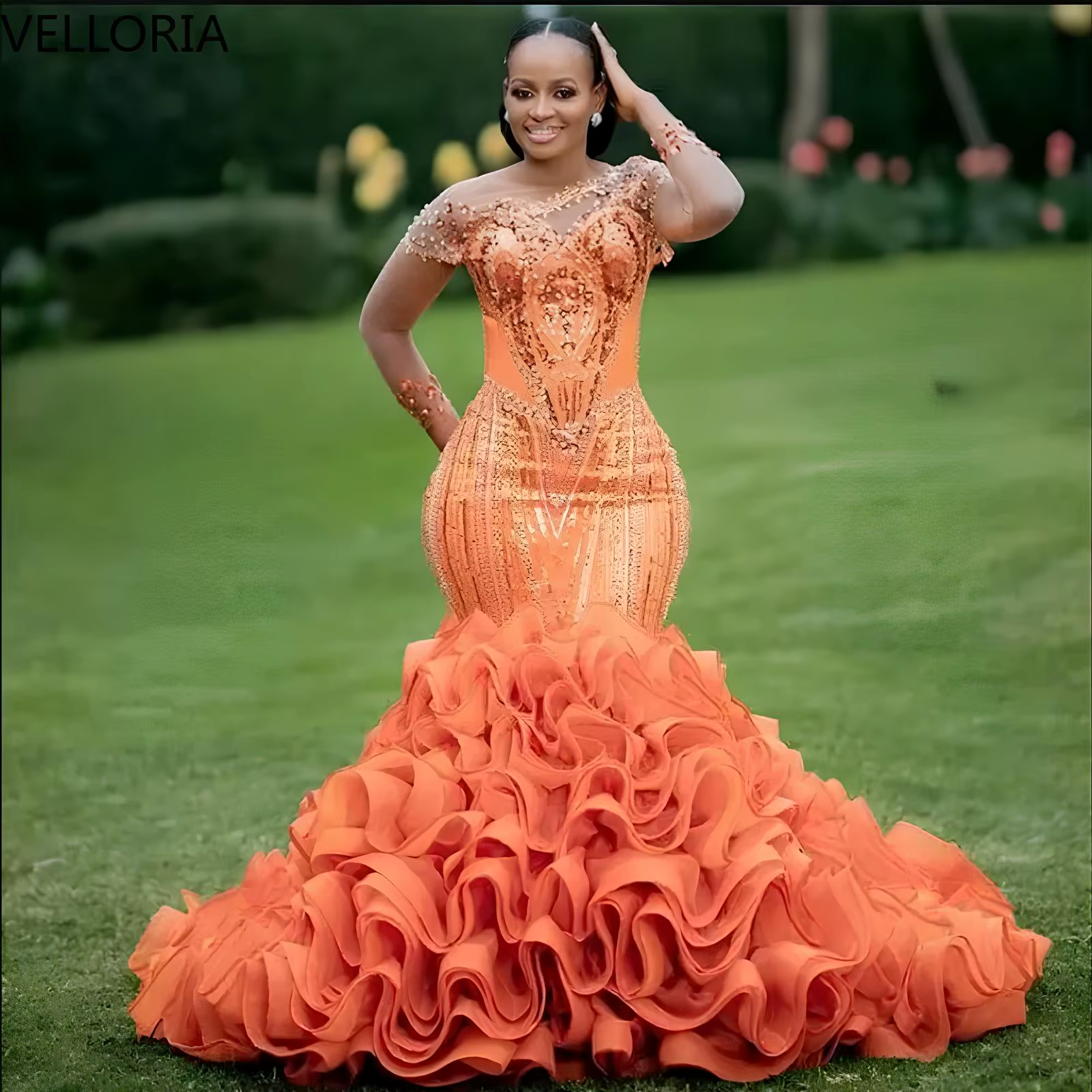 Robe sirène Aso Ebi en perles orange, jupe à volants perlée, manches courtes, col rond, robe formell