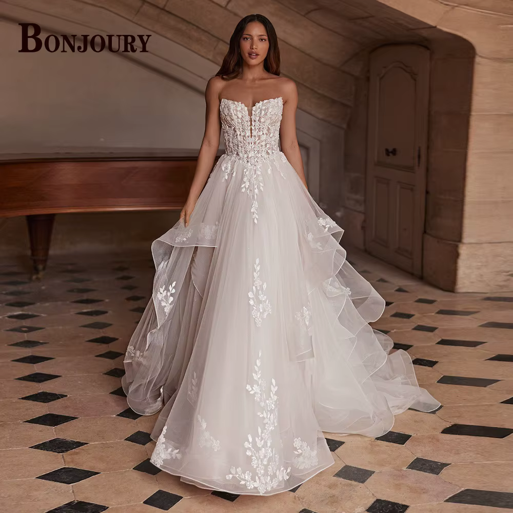 BONJOURY robes De mariée modernes pour femmes a-ligne bouton froncé Appliques sans manches Court Tra