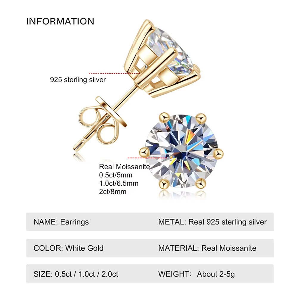 0.5-2ct Moissanite Diamant Boucles D'oreilles 18K Or Jaune Plaqué 925 Boucles D'oreilles De Mariage