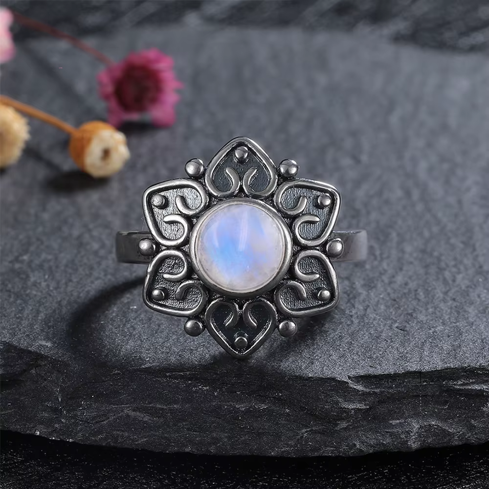 Bague en Labradorite naturelle, bijoux en argent pour femmes et hommes, en forme de soleil, Vintage,