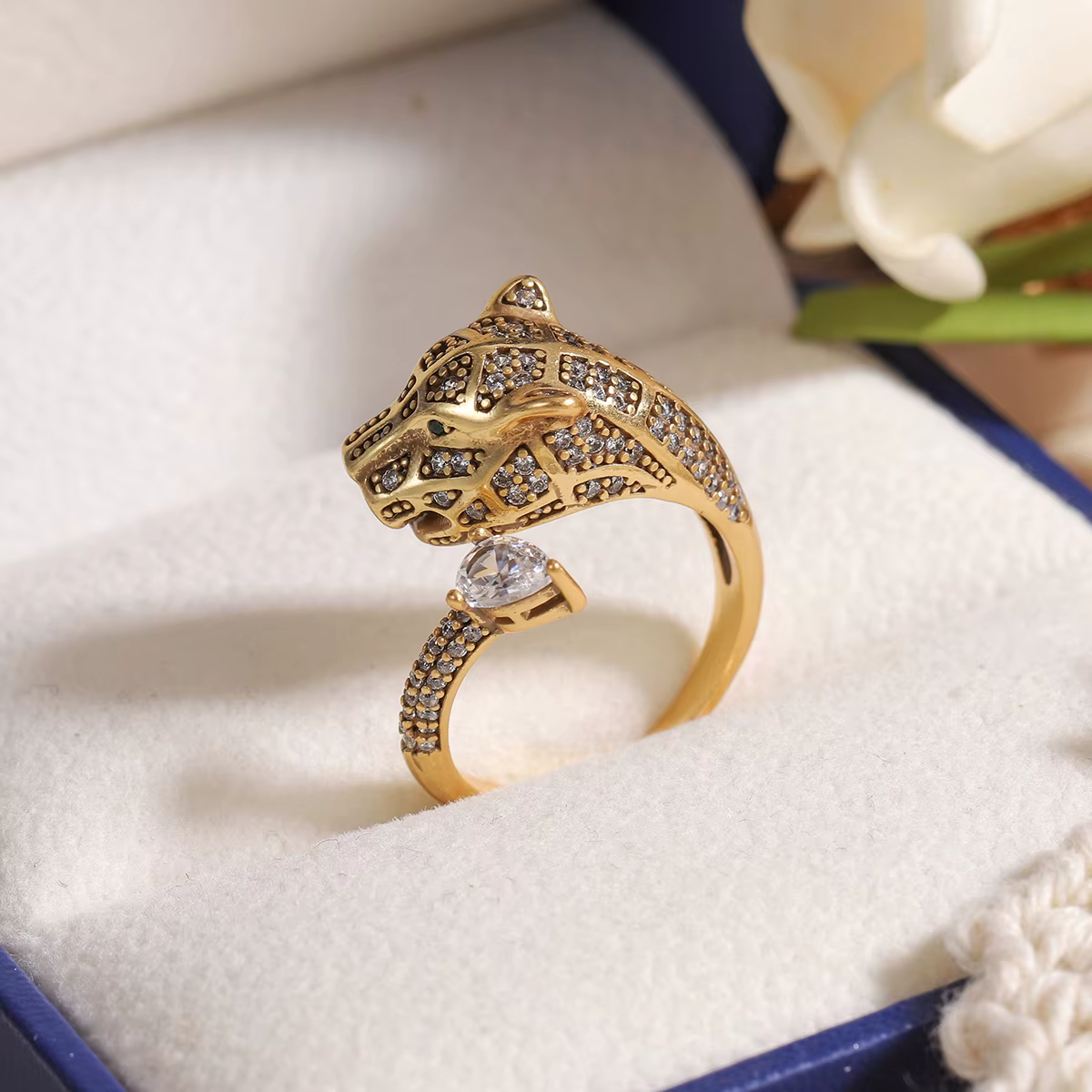 Bague élégante tête de léopard pour femme, bijou panthère en zircon pavé doré, cadeau de fiançailles