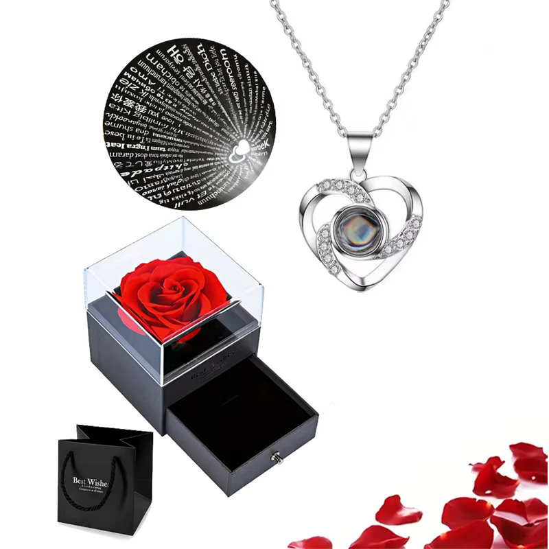 Cadeaux de noël pour petite amie, 100 langues, collier de Projection je t'aime avec boîte-cadeau Ros