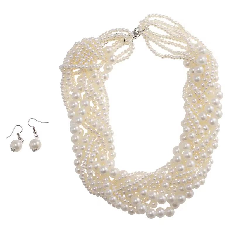 Collier et boucles d'oreilles en perles simulées faites à la main pour femmes, tour de cou classique